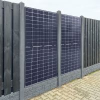ZaunPV Solarzaun Komplettpaket 390Wp - schwarz - bifazial (zweiseitig wirksam) – Betonpfosten in Steinoptik grau