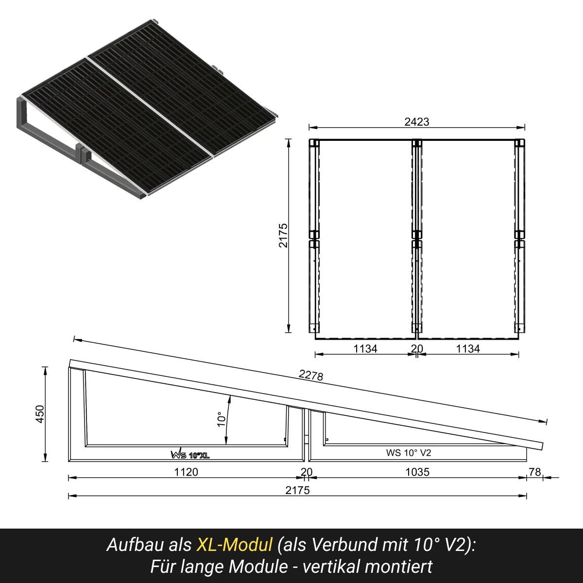 10° XL Flachdach Aufständerung aus Feinbeton Ost-/Westausrichtung - Set für 2 Module 
