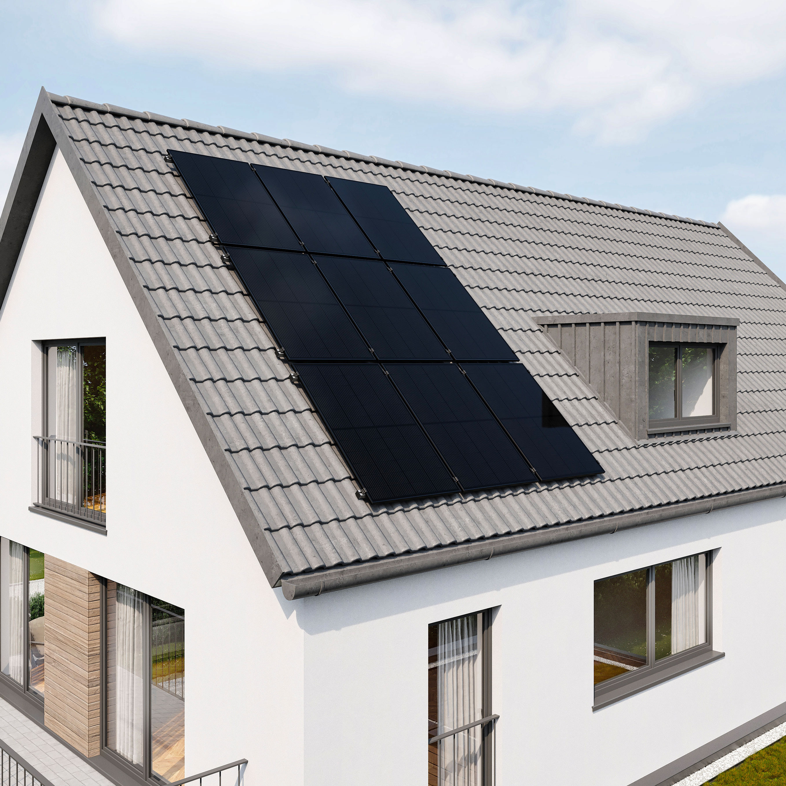 Dach eines Einfamilienhauses mit Solarmodulen.