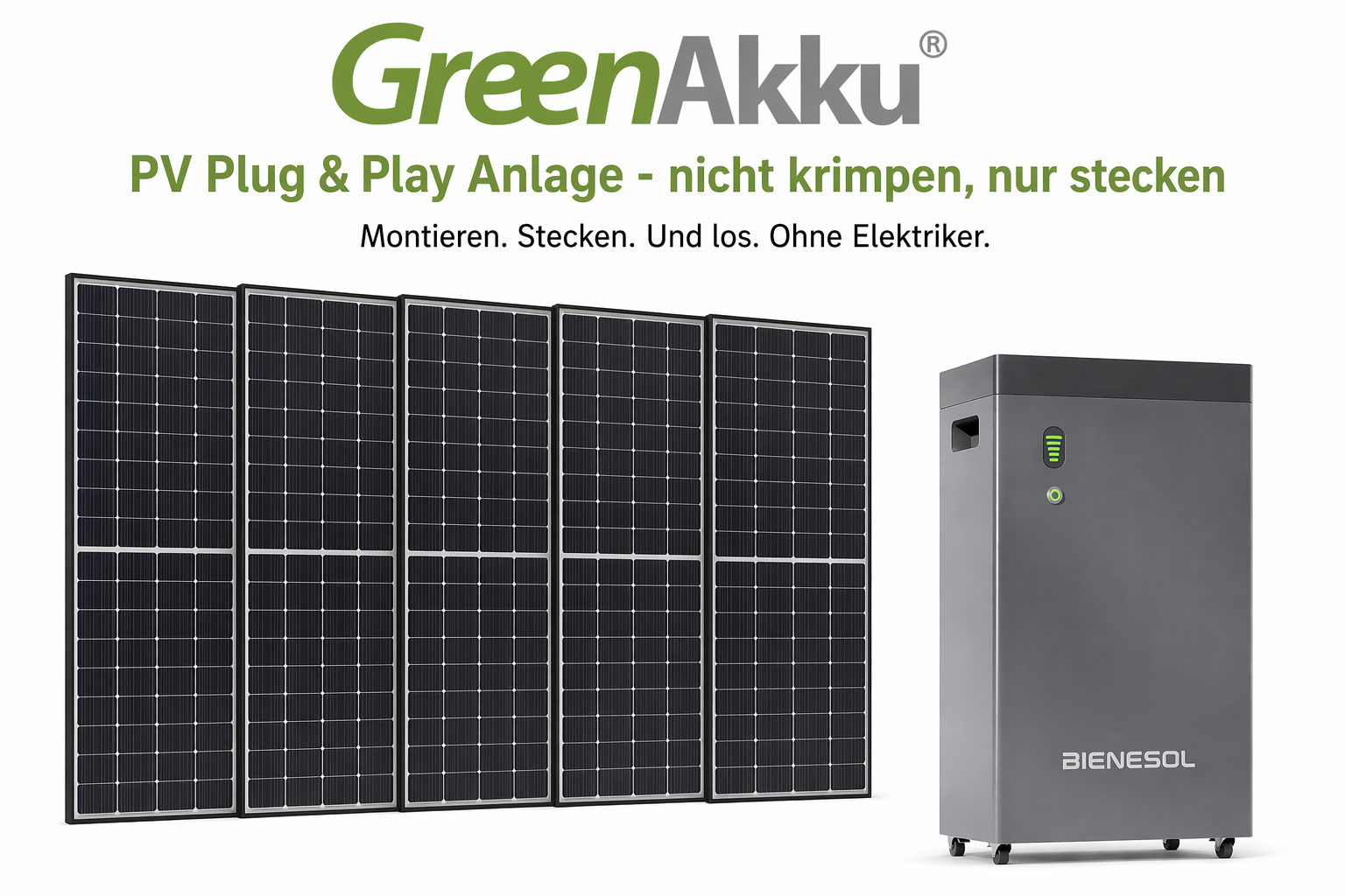Plug&Play PV Basis - 5 bifaziale 455Wp Module - 2,3 KWp - 5 kWh Speicher - ohne Elektriker