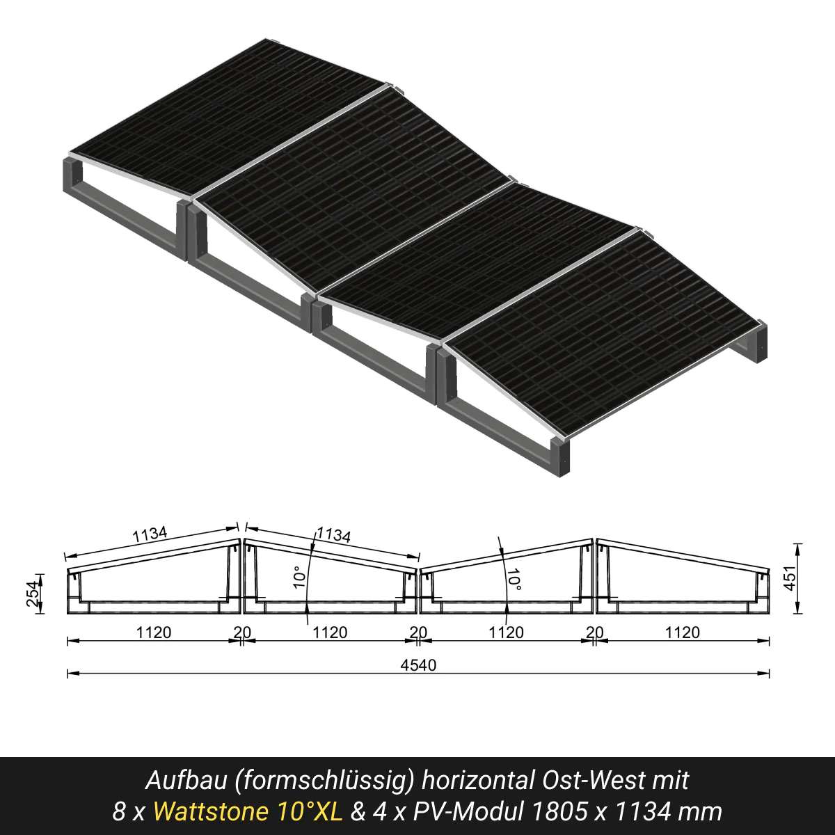 10° XL Flachdach Aufständerung aus Feinbeton Ost-/Westausrichtung - Set für 4 Module 