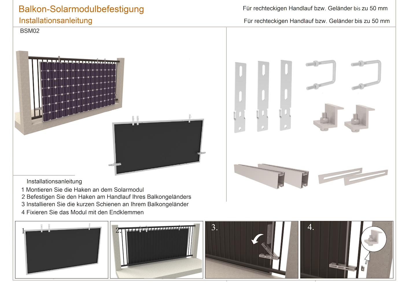 Montagehalterung für Balkon mit eckigem Handlauf - für 1 Modul (MON-BSMRE)