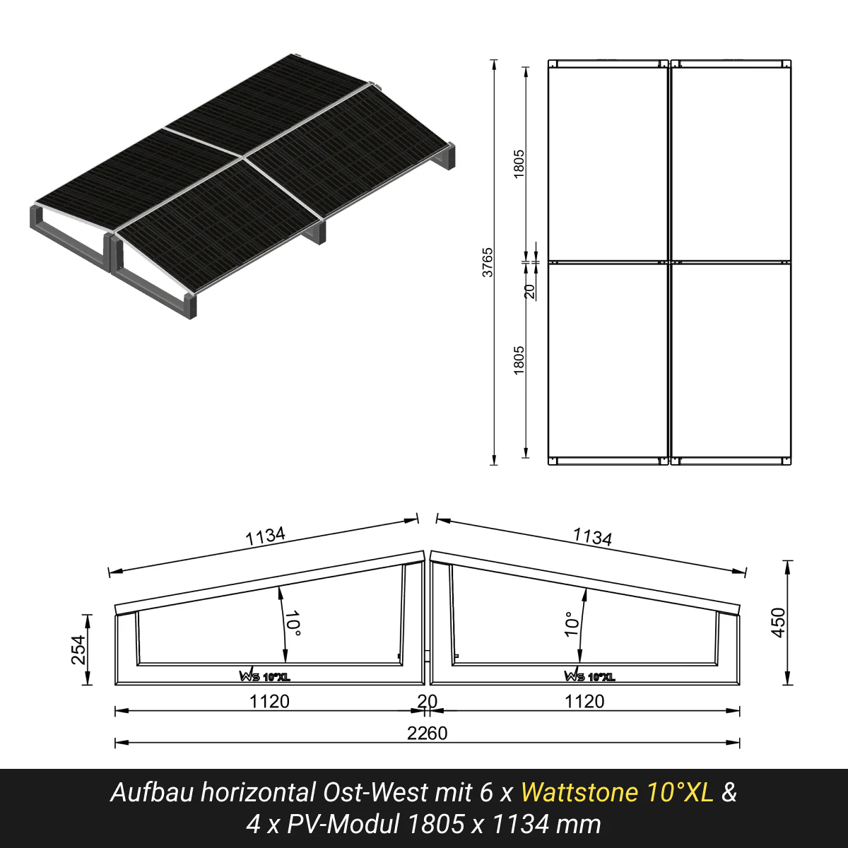 10° XL Flachdach Aufständerung aus Feinbeton Ost-/Westausrichtung - Set für 4 Module 